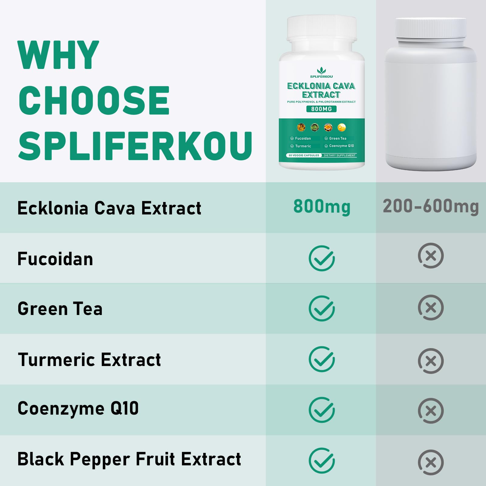 Spliferikou Ecklonia Cava Extract, 800mg, 60 Veggie Capsules with Fucoidan, Green Tea, Turmeric, CoQ10, Dietary Supplement - TrustMedUSA