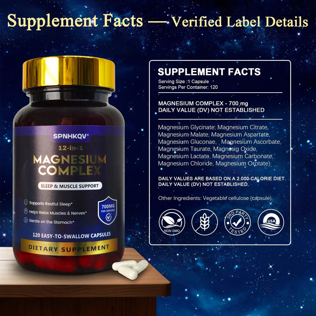 SPNHKQV Magnesium 12-in-1 Complex Supplement – 700mg High Absorption Magnesium Glycinate Capsules for Women & Men – Muscle, Nerve & Sleep Support – 120 Vegan Capsules - TrustMedUSA