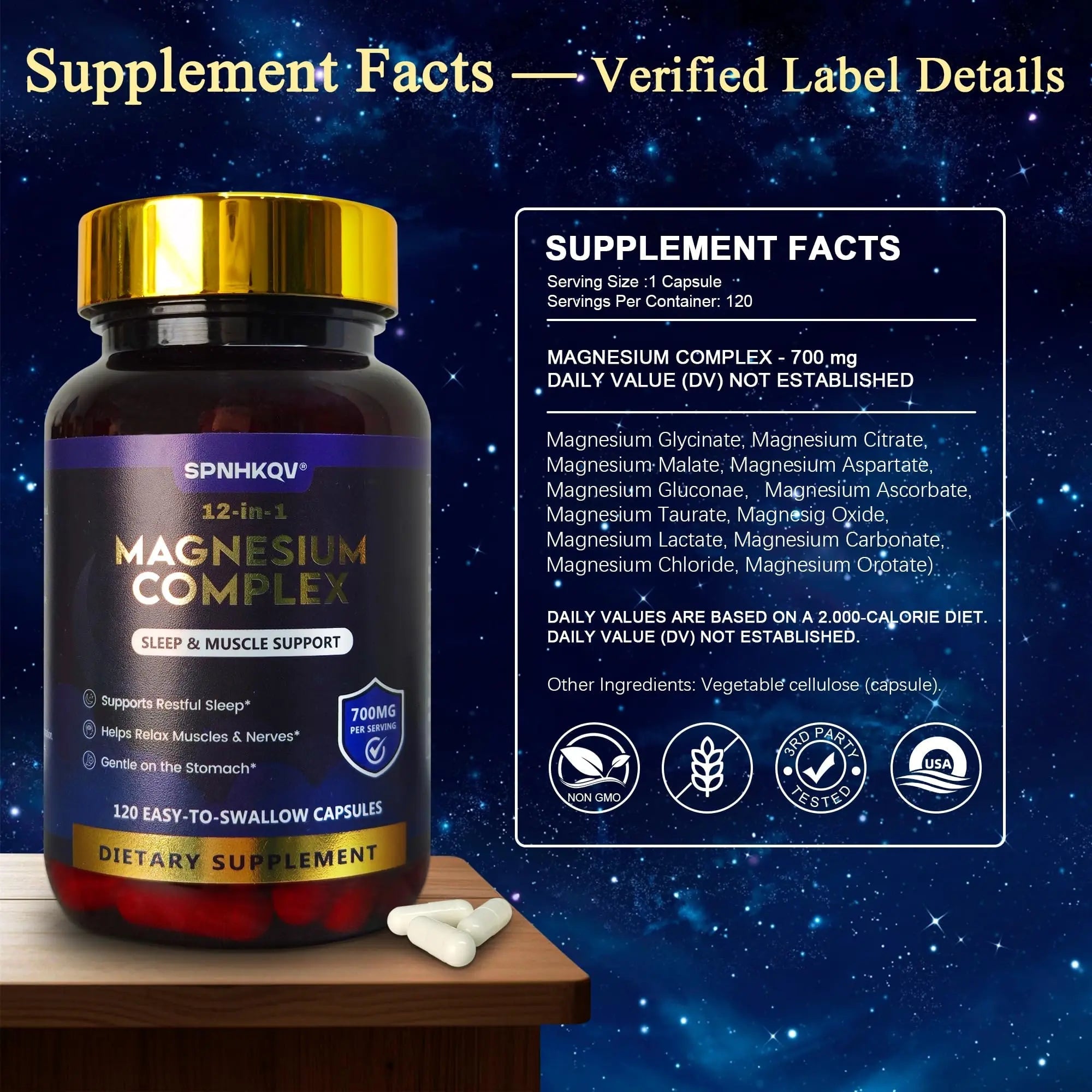 SPNHKQV Magnesium 12-in-1 Complex Supplement – 700mg High Absorption Magnesium Glycinate Capsules for Women & Men – Muscle, Nerve & Sleep Support – 120 Vegan Capsules - TrustMedUSA