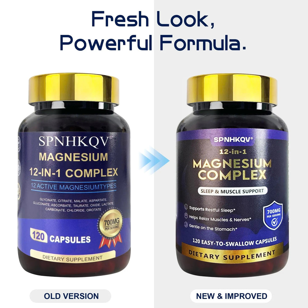 SPNHKQV Magnesium 12-in-1 Complex Supplement – 700mg High Absorption Magnesium Glycinate Capsules for Women & Men – Muscle, Nerve & Sleep Support – 120 Vegan Capsules - TrustMedUSA
