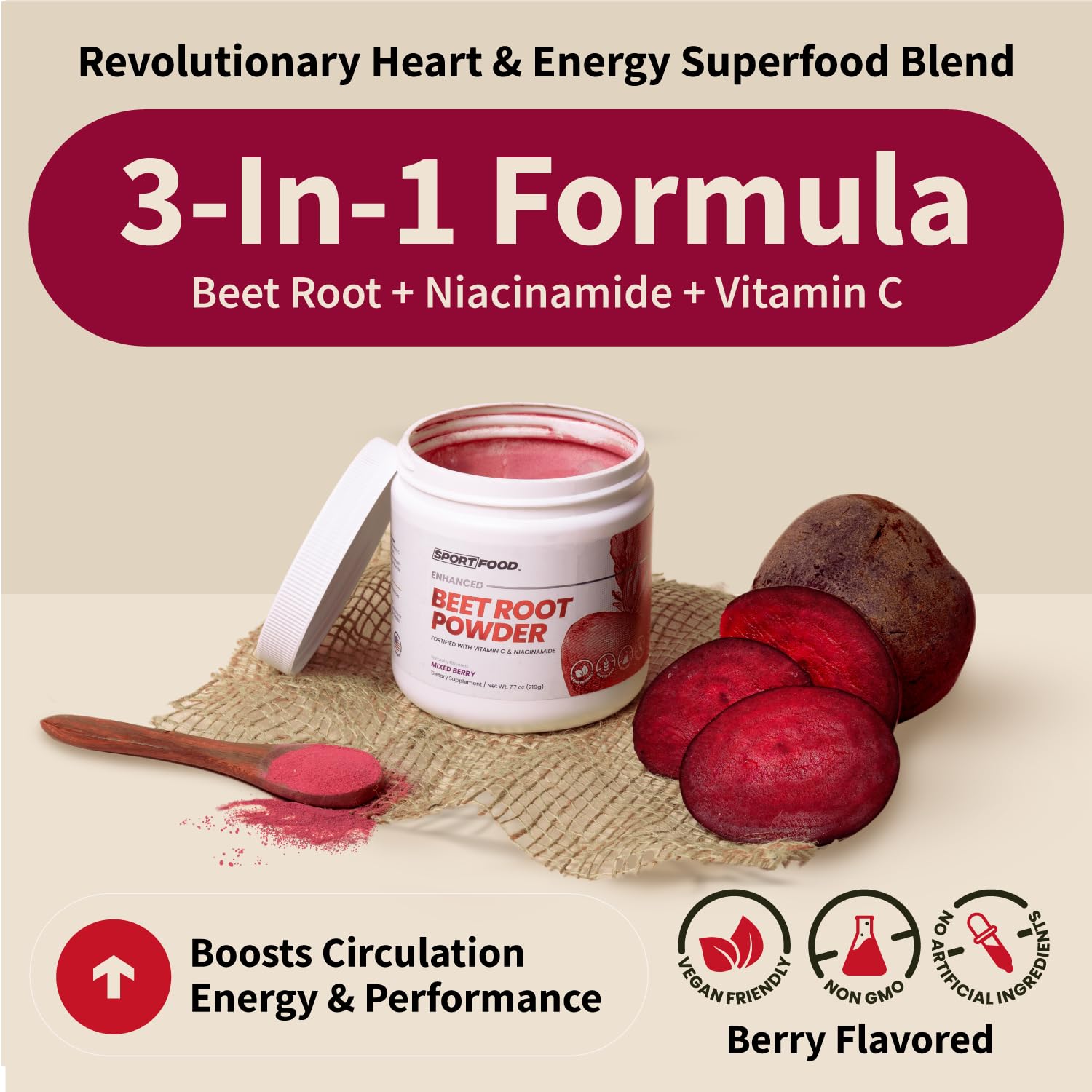 SPORTFOOD Beet Root Powder with Niacinamide & Vitamin C - Superfood for Circulation, Energy, & Stamina | Vegan, Non-GMO, Nitric Oxide Boost for Pre-Workout & Heart Health | Mixed Berry Flavor | 7.7oz - TrustMedUSA