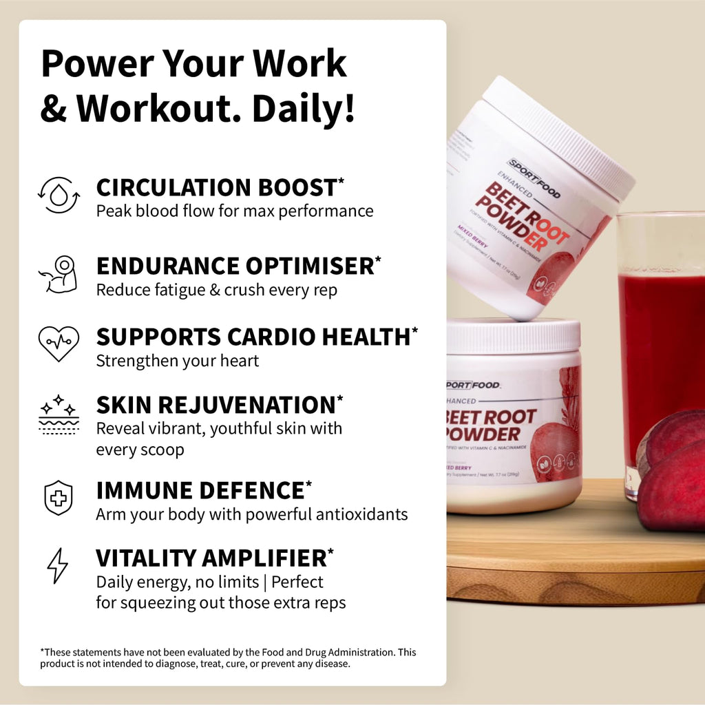 SPORTFOOD Beet Root Powder with Niacinamide & Vitamin C - Superfood for Circulation, Energy, & Stamina | Vegan, Non-GMO, Nitric Oxide Boost for Pre-Workout & Heart Health | Mixed Berry Flavor | 7.7oz - TrustMedUSA