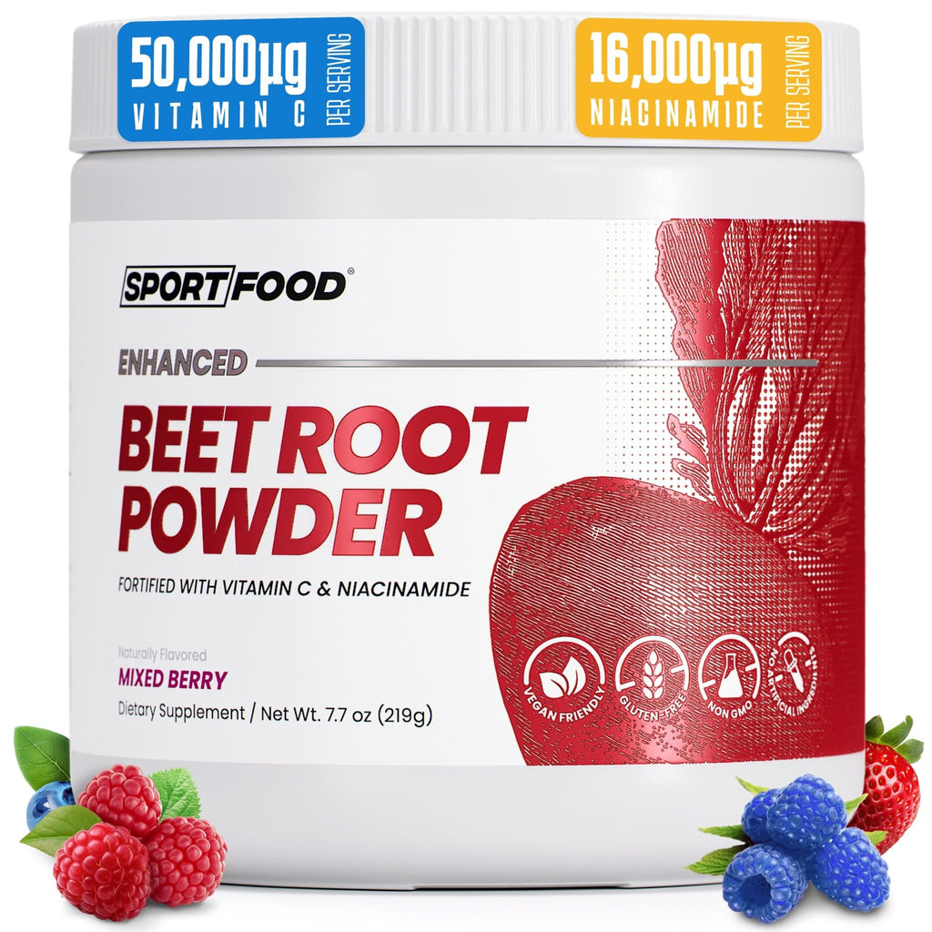 SPORTFOOD Beet Root Powder with Niacinamide & Vitamin C - Superfood for Circulation, Energy, & Stamina | Vegan, Non-GMO, Nitric Oxide Boost for Pre-Workout & Heart Health | Mixed Berry Flavor | 7.7oz - TrustMedUSA