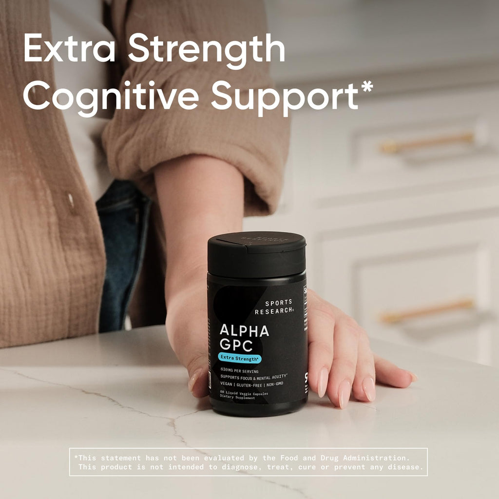 Sports Research® Alpha GPC 630mg (Extra Strength) - Bioavailable Source of Choline - Focus & Cognitive Support for Women & Men - Vegan Certified · Non-GMO · Gluten Free - 60 Liquid Capsules - Maple Wellness Supplements