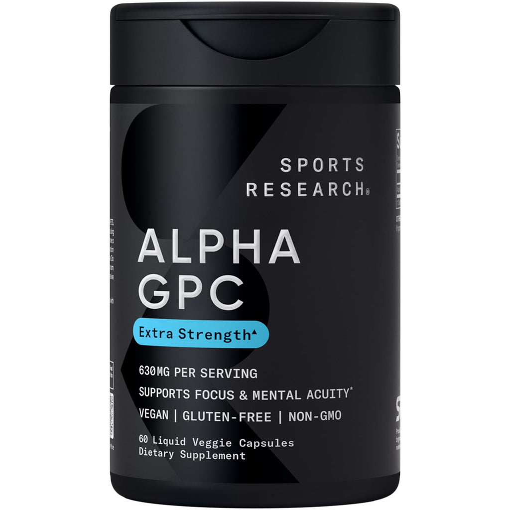 Sports Research® Alpha GPC 630mg (Extra Strength) - Bioavailable Source of Choline - Focus & Cognitive Support for Women & Men - Vegan Certified · Non-GMO · Gluten Free - 60 Liquid Capsules - Maple Wellness Supplements