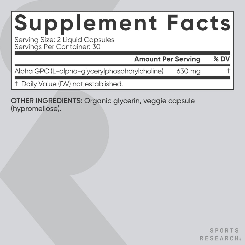 Sports Research® Alpha GPC 630mg (Extra Strength) - Bioavailable Source of Choline - Focus & Cognitive Support for Women & Men - Vegan Certified · Non-GMO · Gluten Free - 60 Liquid Capsules - Maple Wellness Supplements