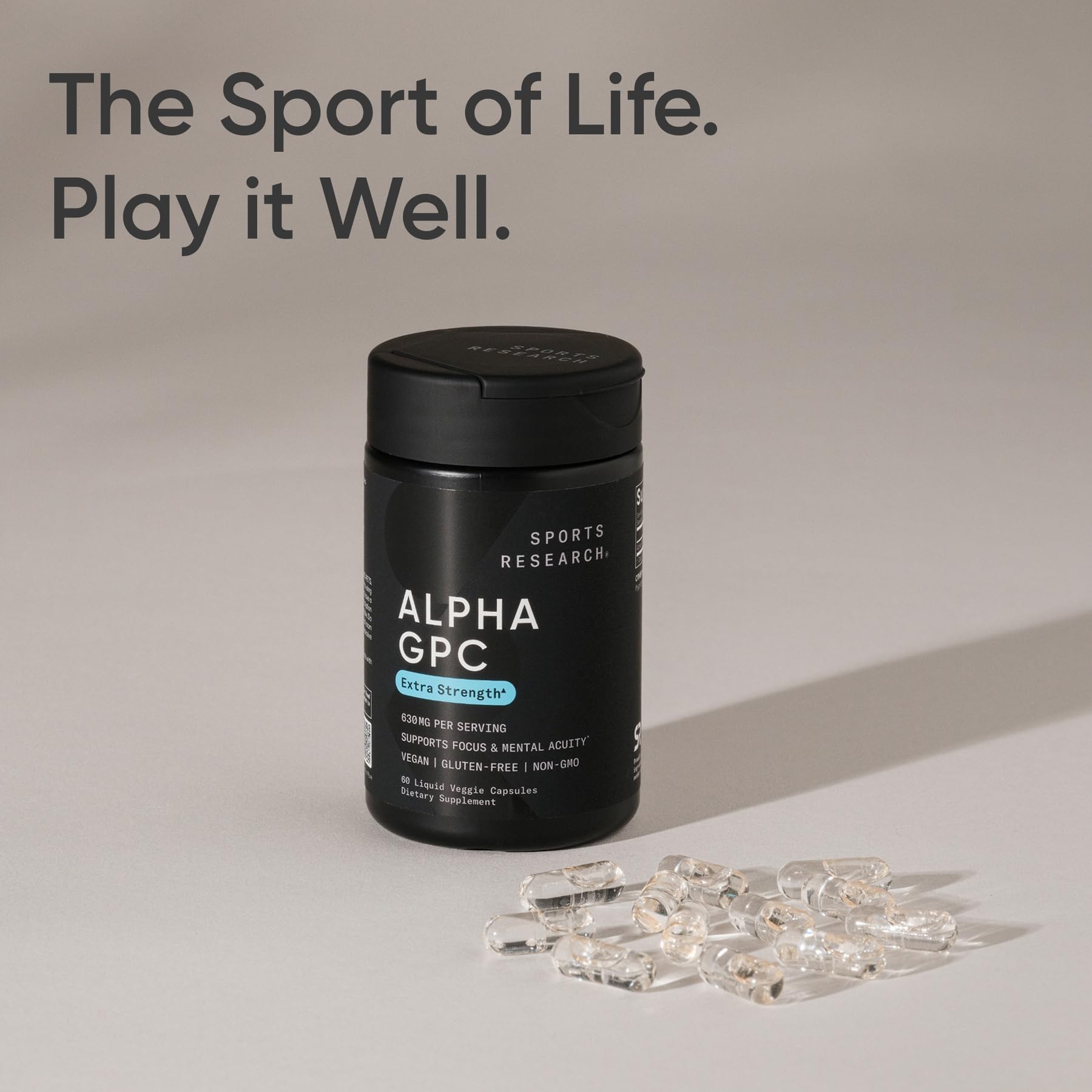 Sports Research® Alpha GPC 630mg (Extra Strength) - Bioavailable Source of Choline - Focus & Cognitive Support for Women & Men - Vegan Certified · Non-GMO · Gluten Free - 60 Liquid Capsules - Maple Wellness Supplements