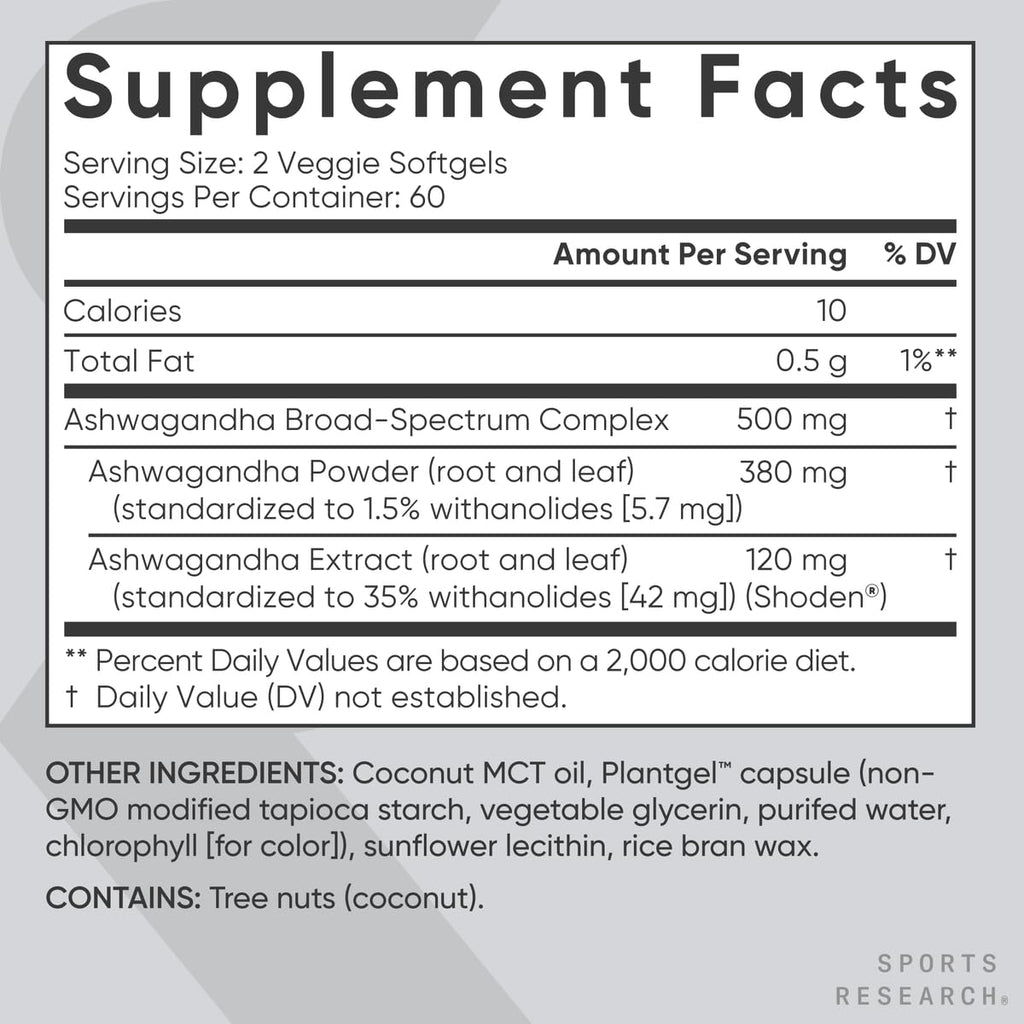 Sports Research® Ashwagandha Softgels with Coconut MCT Oil - Natural Ayurvedic Adaptogen Made with Shoden® Ashwa for Relaxation, Calm & Sleep Support - Gluten Free & Vegan Friendly - 120 Count - Maple Wellness Supplements