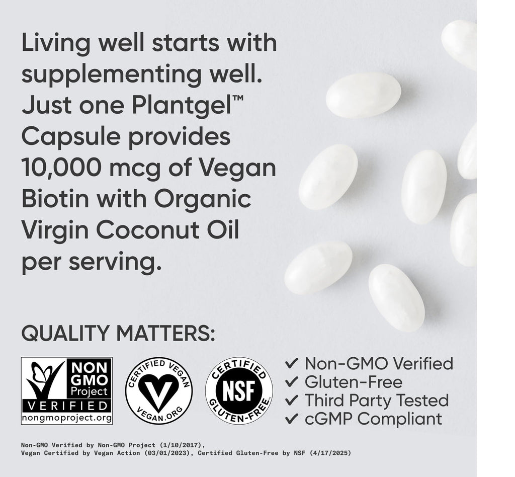 Sports Research® Biotin 10,000mcg with Organic Coconut Oil - Biotin (Vitamin B7) for Healthy Skin and Hair Support* - for Women and Men - Vegan, Non-GMO, Gluten & Soy-Free - 30 Veggie Softgels - Maple Wellness Supplements