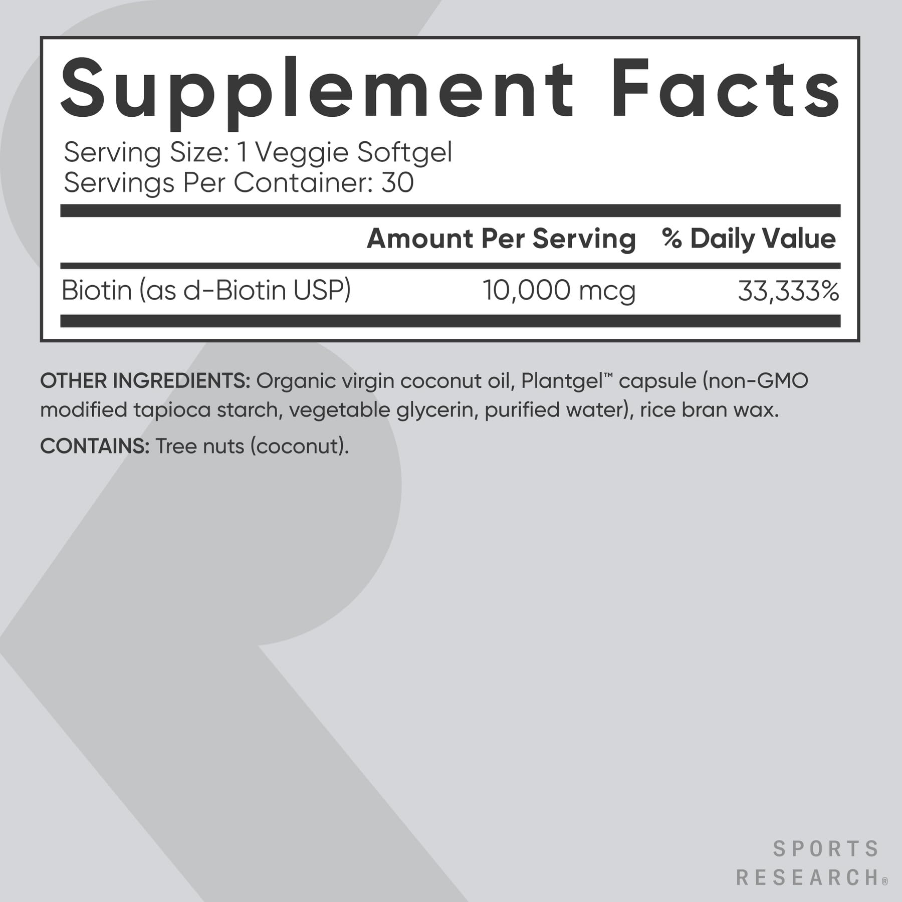 Sports Research® Biotin 10,000mcg with Organic Coconut Oil - Biotin (Vitamin B7) for Healthy Skin and Hair Support* - for Women and Men - Vegan, Non-GMO, Gluten & Soy-Free - 30 Veggie Softgels - Maple Wellness Supplements