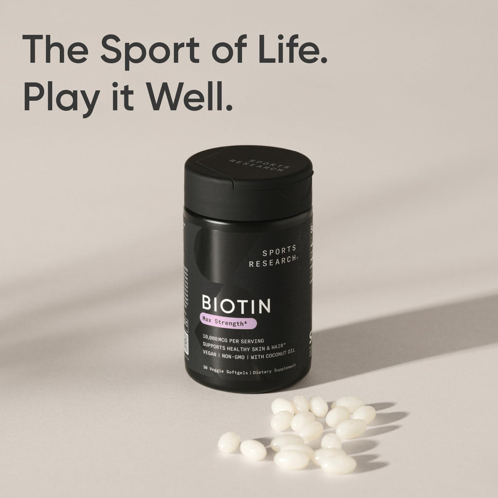 Sports Research® Biotin 10,000mcg with Organic Coconut Oil - Biotin (Vitamin B7) for Healthy Skin and Hair Support* - for Women and Men - Vegan, Non-GMO, Gluten & Soy-Free - 30 Veggie Softgels - Maple Wellness Supplements