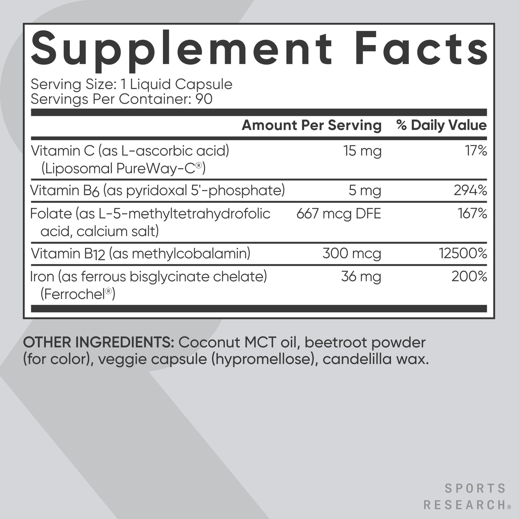 Sports Research® Blood Balance Iron Supplement - 36 MG Iron + Folate & Vitamin C for Absorption - Red Blood Cell Support for Women & Men* - Vegan Certified · Non-GMO · Gluten-Free - 90 Capsules - Maple Wellness Supplements