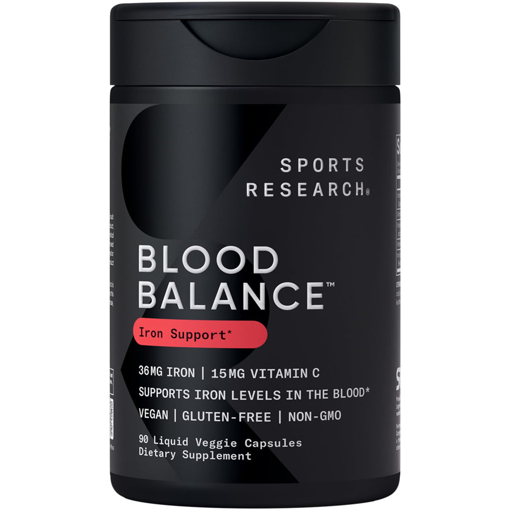 Sports Research® Blood Balance Iron Supplement - 36 MG Iron + Folate & Vitamin C for Absorption - Red Blood Cell Support for Women & Men* - Vegan Certified · Non-GMO · Gluten-Free - 90 Capsules - Maple Wellness Supplements