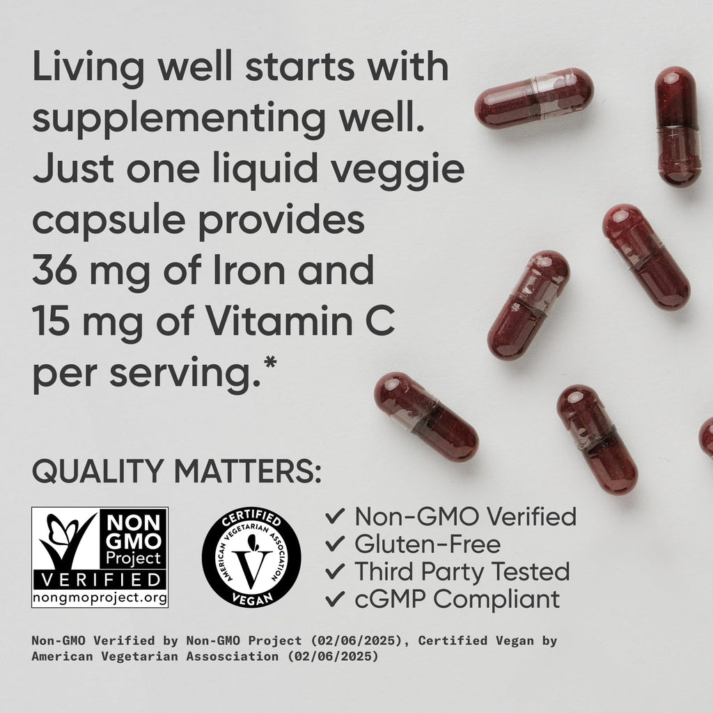 Sports Research® Blood Balance Iron Supplement - 36 MG Iron + Folate & Vitamin C for Absorption - Red Blood Cell Support for Women & Men* - Vegan Certified · Non-GMO · Gluten-Free - 90 Capsules - Maple Wellness Supplements