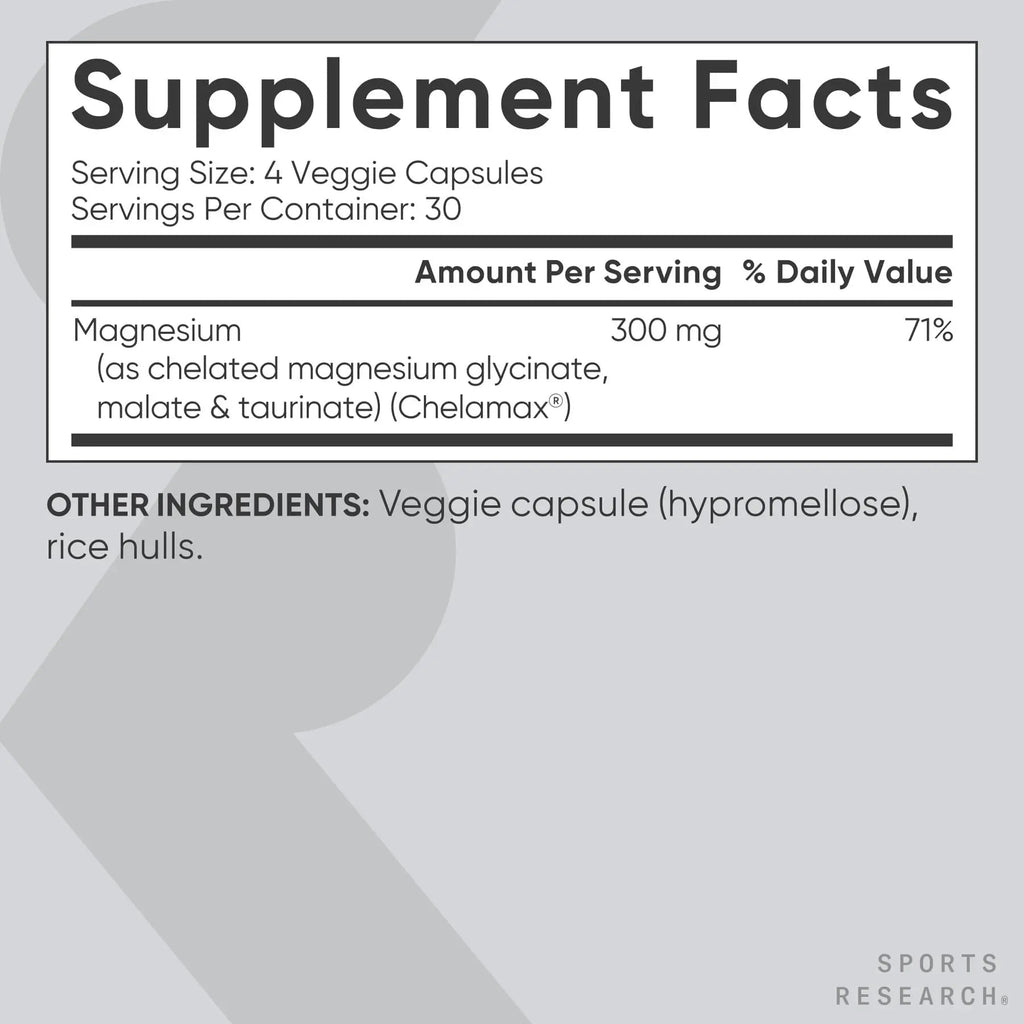 Sports Research® Chelated Triple Magnesium Complex with Glycinate, Taurinate & Malate (Chelamax®) for Enhanced Bioavailability* - 300 mg per Serving, Non-GMO, Certified Vegan, 120 Veggie Capsules - TrustMedUSA