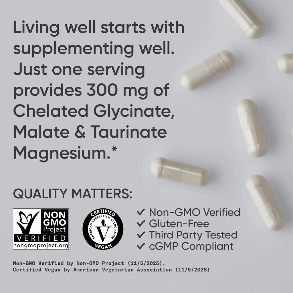 Sports Research® Chelated Triple Magnesium Complex with Glycinate, Taurinate & Malate (Chelamax®) for Enhanced Bioavailability* - 300 mg per Serving, Non-GMO, Certified Vegan, 120 Veggie Capsules - TrustMedUSA