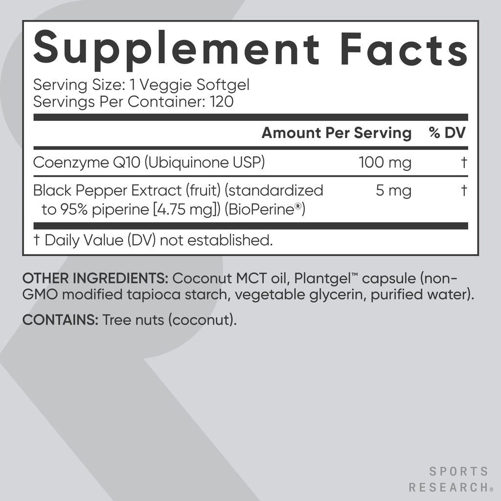Sports Research CoQ10 (100mg) Enhanced w/Coconut Oil & Bioperine (Black Pepper) for Better Absorption | Vegan Certified, Non-GMO Verified (120 Veggie Softgels) - Maple Wellness Supplements