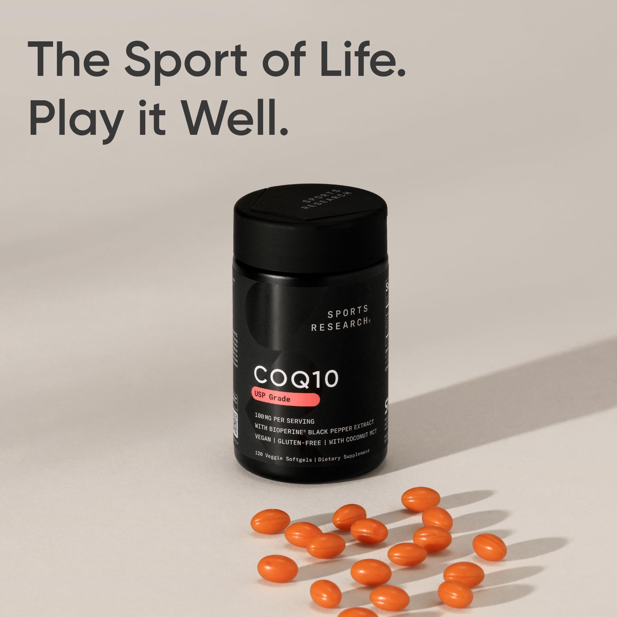 Sports Research CoQ10 (100mg) Enhanced w/Coconut Oil & Bioperine (Black Pepper) for Better Absorption | Vegan Certified, Non-GMO Verified (120 Veggie Softgels) - Maple Wellness Supplements