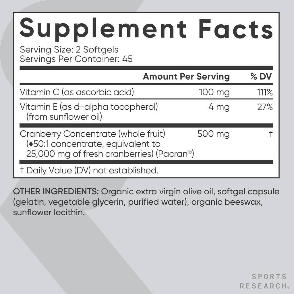 Sports Research® Cranberry Fruit Complex Supplement - Softgels for Urinary Tract Health Support - Made with Pacran®­ & Vitamins C & E - Non-GMO & Gluten Free - 90 Count - Maple Wellness Supplements