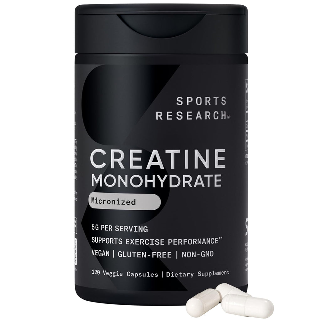 Sports Research® Creatine Monohydrate Capsules - Supports Workout Recovery, Lean Muscle gain, Performance and Strength* - Non-GMO, Vegan Certified - 5g per Servings - 30 Servings - Maple Wellness Supplements