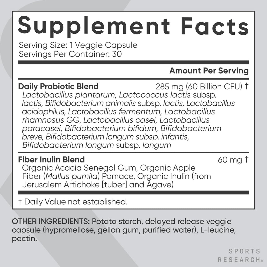 Sports Research Daily Probiotics with Prebiotics, 60 Billion CFU - Vegan Capsules for Gut Health & Digestive Support, Probiotics for Women & Men - Non-GMO Verified & Gluten Free - 30 Count - Maple Wellness Supplements