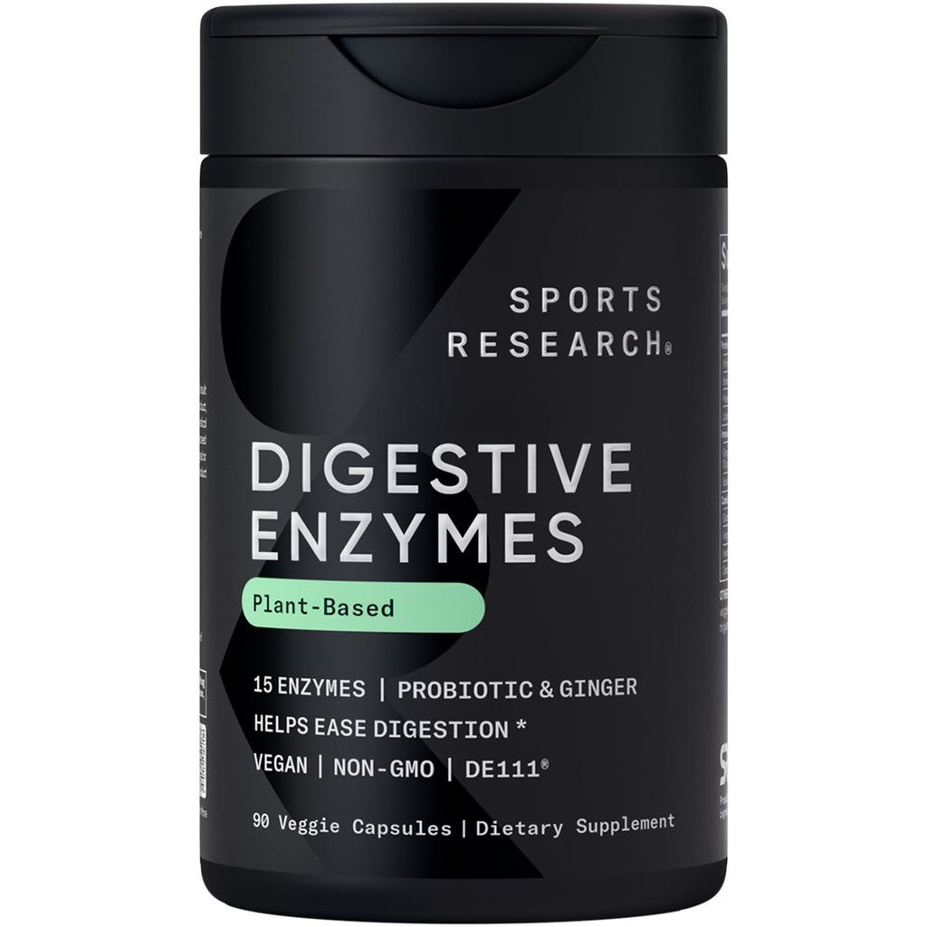 Sports Research Digestive Enzymes with Probiotics & Ginger - Plant Based for Dairy, Protein, Sugar & Carbs - Non-GMO Verified & Vegan Friendly (90 Veggie Capsules) - Maple Wellness Supplements