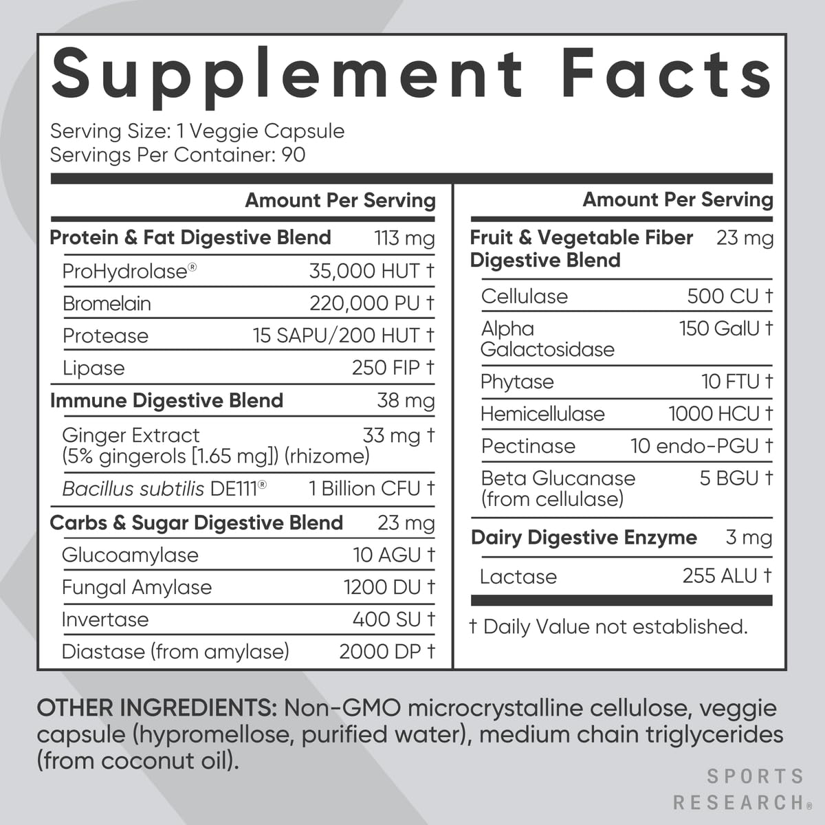 Sports Research Digestive Enzymes with Probiotics & Ginger - Plant Based for Dairy, Protein, Sugar & Carbs - Non-GMO Verified & Vegan Friendly (90 Veggie Capsules) - Maple Wellness Supplements