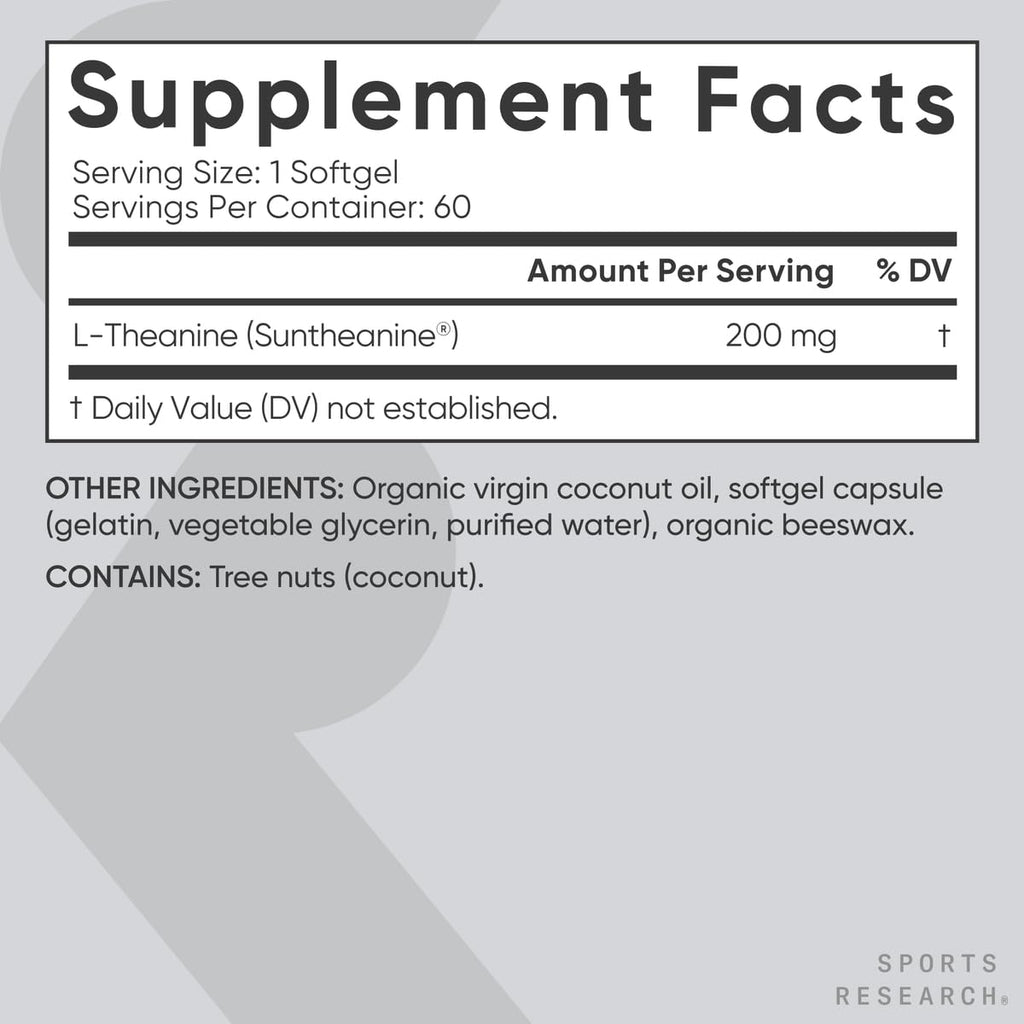 Sports Research Double Strength L-Theanine Supplement - Suntheanine Softgels for Focus, Relaxation & Alertness - Non-Drowsy Support Made with Coconut Oil, Non-GMO & Gluten Free - 200mg, 60 Count - Maple Wellness Supplements