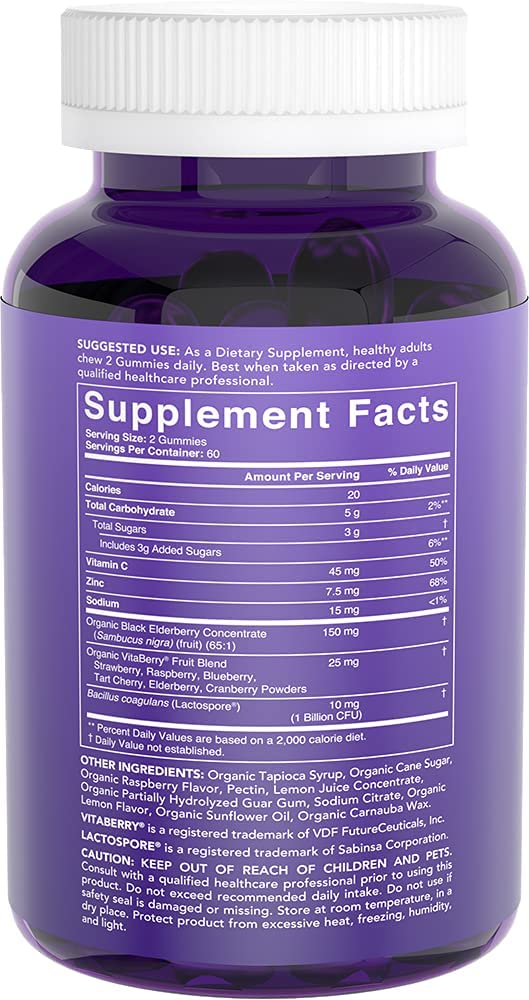 Sports Research Elderberry Gummies Concentrate with Vitamin C, Zinc & Probiotics for Immune Support & Gut Health | USDA Organic, Vegan Certified & Non-GMO Verified (120 Gummies) - Maple Wellness Supplements