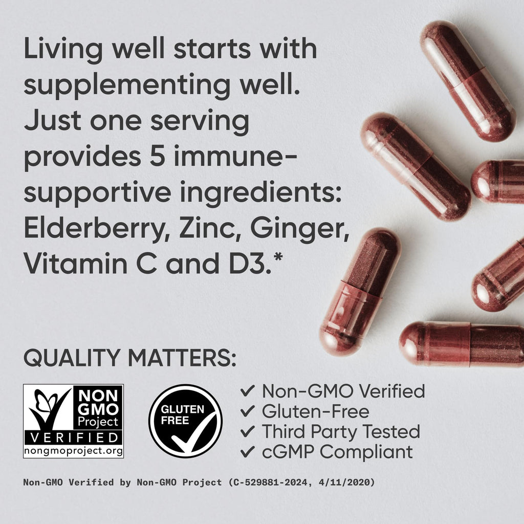 Sports Research® Elderberry Immune Support with Zinc, Ginger, Vitamin C & D3 - Vegan Friendly · Non-GMO · Gluten Free - 60 Veggie Capsules - Maple Wellness Supplements