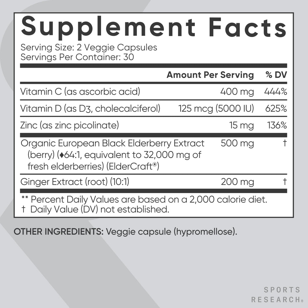 Sports Research® Elderberry Immune Support with Zinc, Ginger, Vitamin C & D3 - Vegan Friendly · Non-GMO · Gluten Free - 60 Veggie Capsules - Maple Wellness Supplements