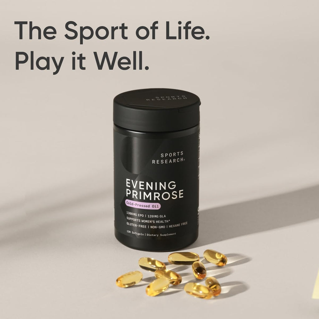 Sports Research Evening Primrose Supplement from Cold Pressed Oil - Softgels for Women’s Health & Skin Health - Gluten Free & Non-GMO GLA - High Potency 1300mg, 120 Count - Maple Wellness Supplements
