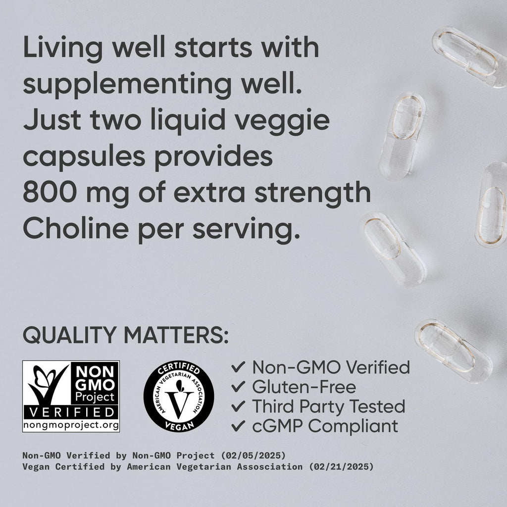 Sports Research ® Extra Strength Choline 800 mg - Essential Nutrient Featuring VitaCholine ® for Focus Support - Vegan Certified • Non-GMO • Gluten Free - 60 Liquid Capsules - Maple Wellness Supplements