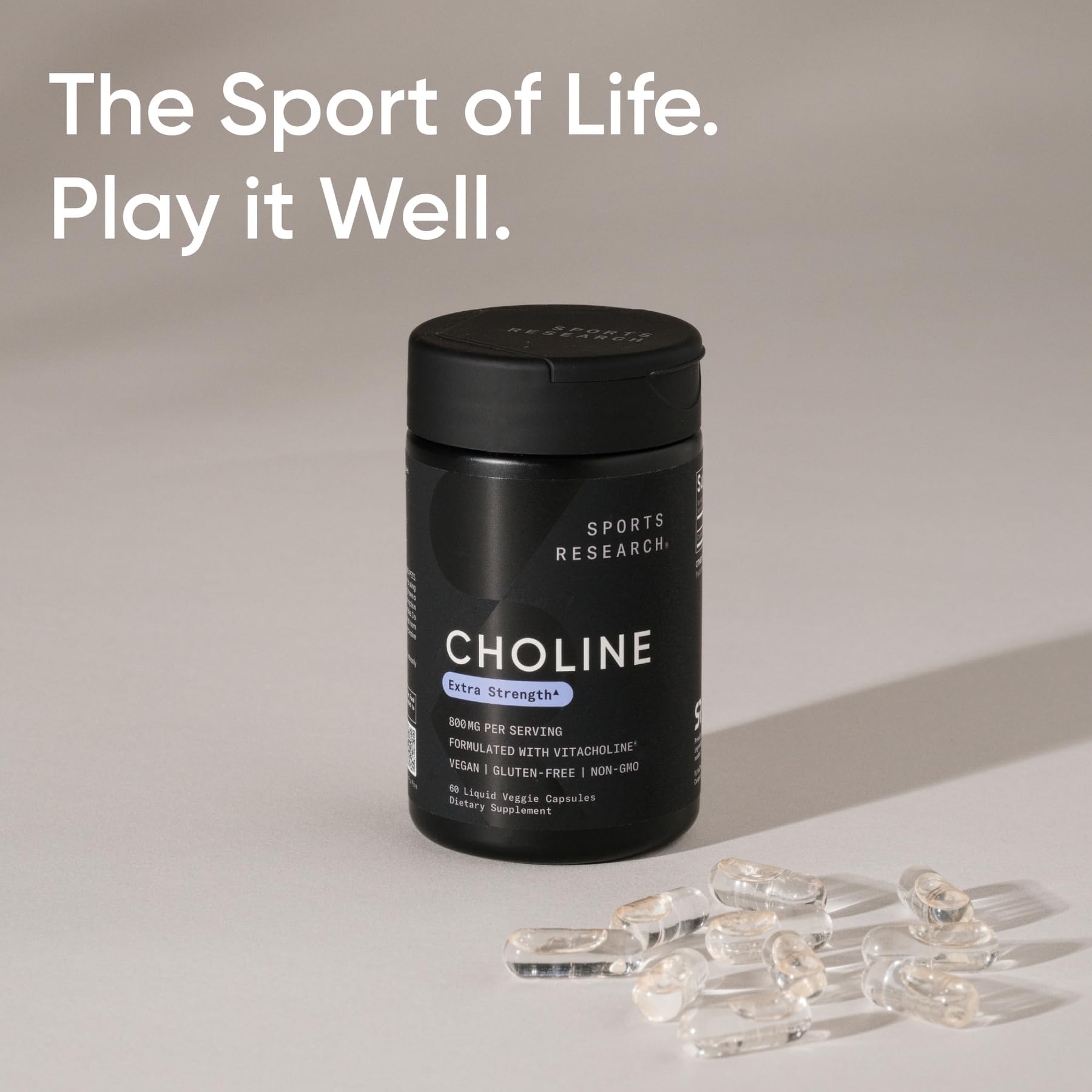 Sports Research ® Extra Strength Choline 800 mg - Essential Nutrient Featuring VitaCholine ® for Focus Support - Vegan Certified • Non-GMO • Gluten Free - 60 Liquid Capsules - Maple Wellness Supplements
