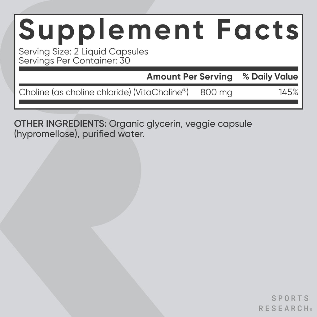 Sports Research ® Extra Strength Choline 800 mg - Essential Nutrient Featuring VitaCholine ® for Focus Support - Vegan Certified • Non-GMO • Gluten Free - 60 Liquid Capsules - Maple Wellness Supplements