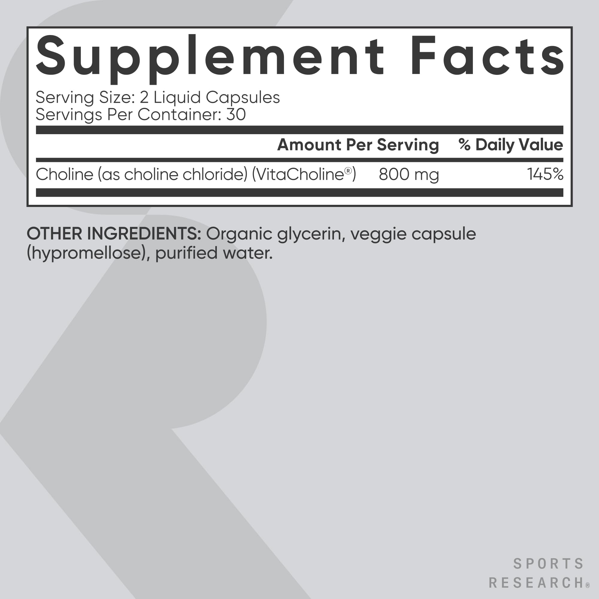 Sports Research ® Extra Strength Choline 800 mg - Essential Nutrient Featuring VitaCholine ® for Focus Support - Vegan Certified • Non-GMO • Gluten Free - 60 Liquid Capsules - Maple Wellness Supplements