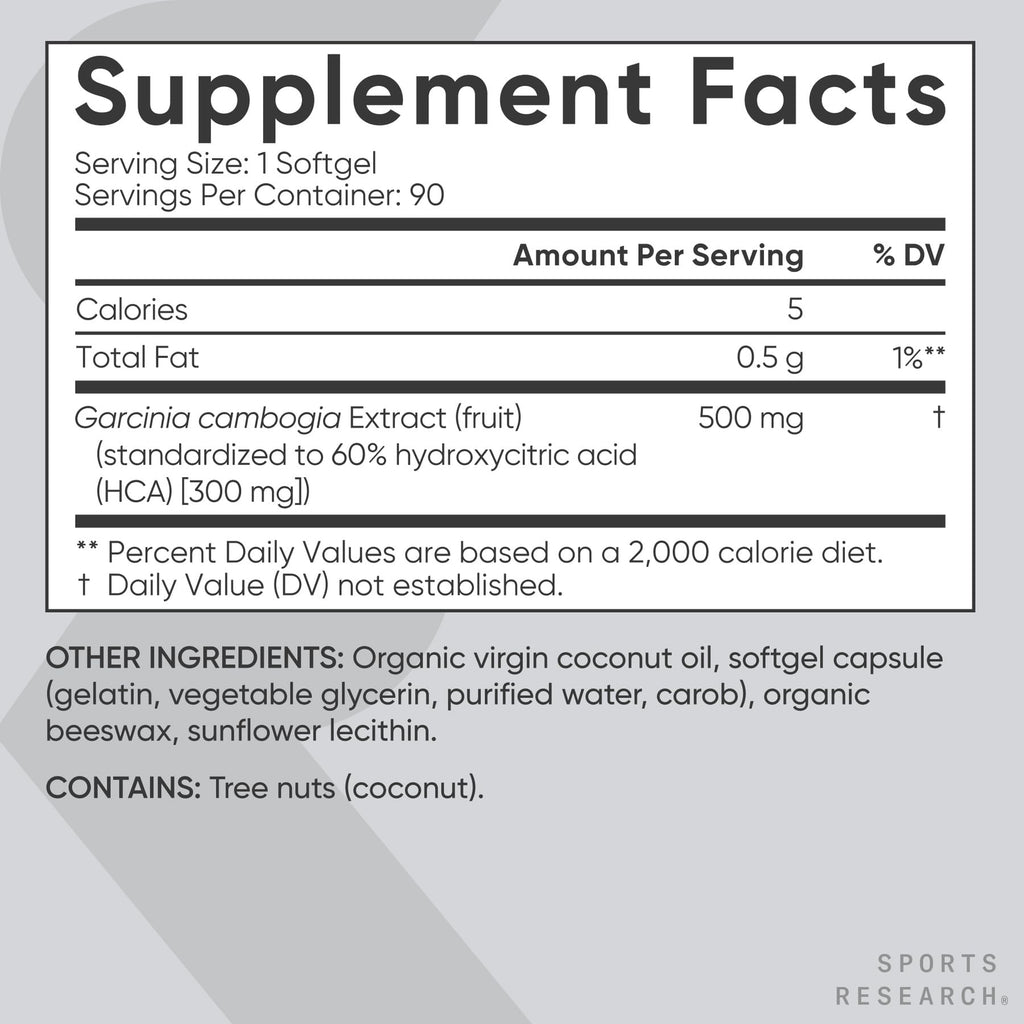 Sports Research Garcinia Cambogia Extract (60% HCA) with Extra Virgin Organic Coconut Oil | Non-GMO, Soy & Gluten Free (90 Liquid Softgels) - Maple Wellness Supplements