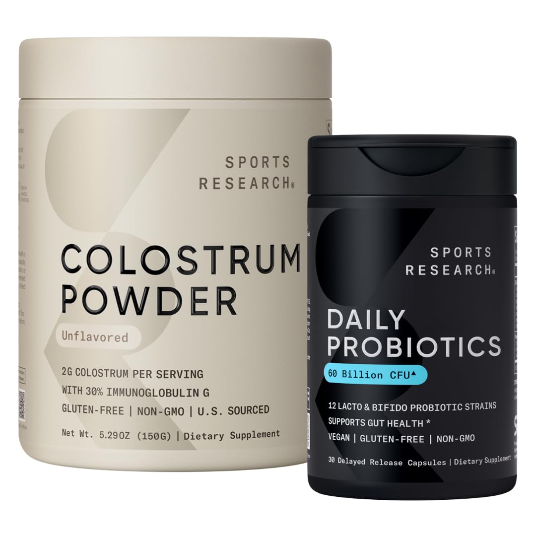 Sports Research® Gut Health Pack - Daily Probiotics w/Lacto & Bifido Probiotic Strains (60 Billion CFU) and U.S. Sourced Bovine Colostrum Powder w/IgG Antibodies for Gut Health & Digestive Support - Maple Wellness Supplements