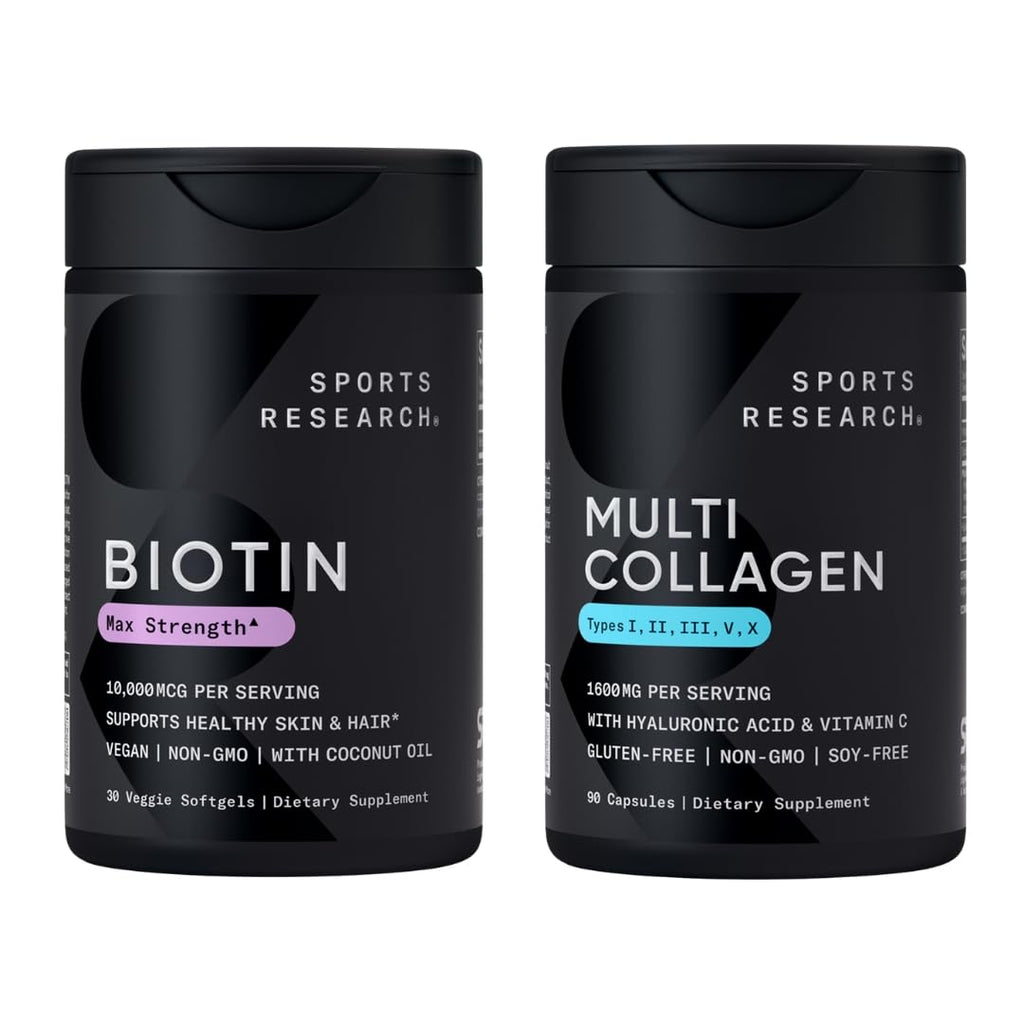 Sports Research® Healthy Hair Essentials - Biotin 10,000mcg with Organic Coconut Oil Vitamin B7 for Healthy Skin and Hair Support + Multi Collagen Pills Peptides with Hyaluronic Acid & Vitamin C - Maple Wellness Supplements