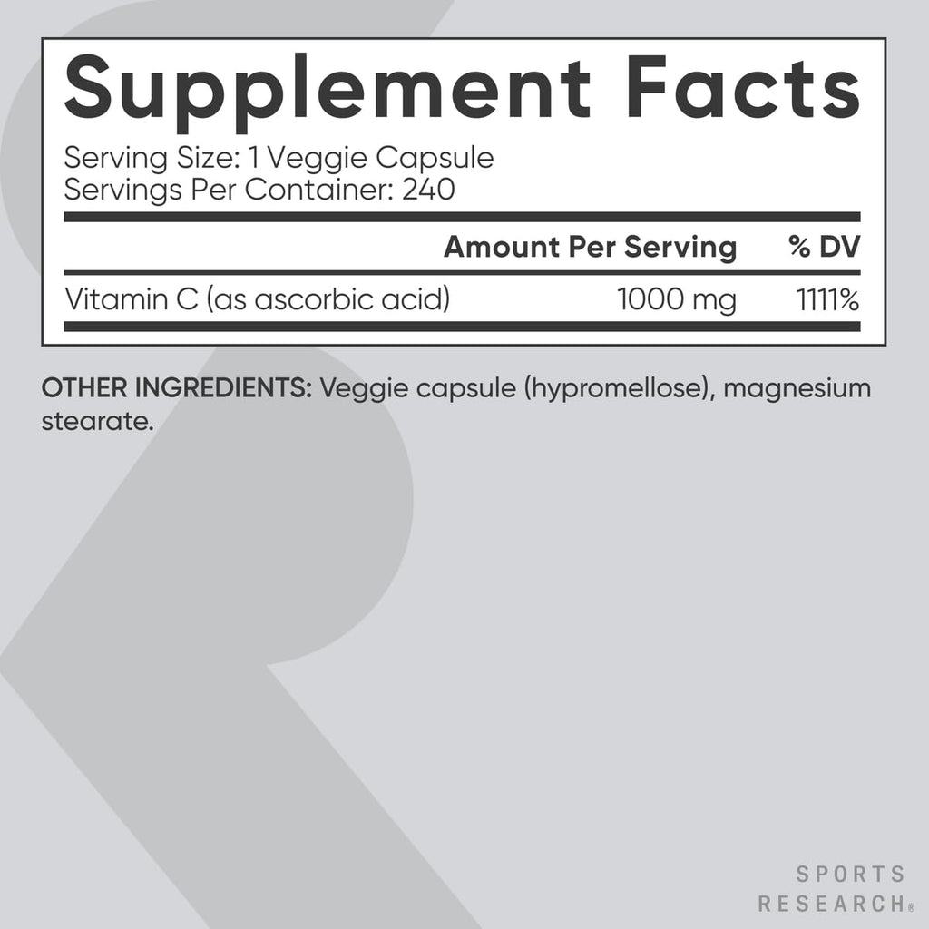 Sports Research High Potency Vitamin C Supplement - Vegan Veggie Capsules for Antioxidant Activity & Immune Support - Non-GMO Verified & Gluten Free - Ascorbic Acid Vitamin C 1000mg, 240 Count - Maple Wellness Supplements