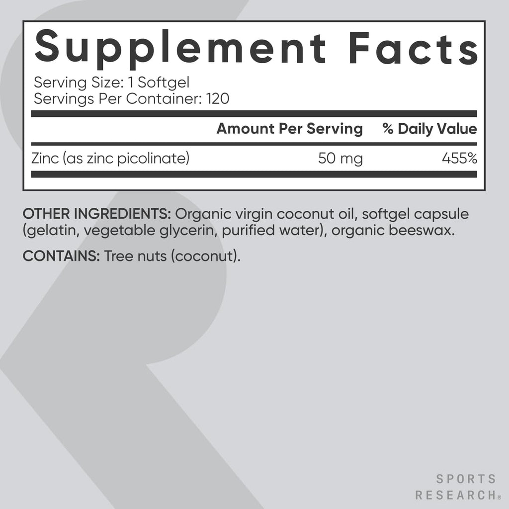 Sports Research High Potency Zinc Picolinate 50mg with Organic Coconut Oil | Highly Absorbable Zinc Supplement for Healthy Immune & Enzyme Function - Non-GMO Tested & Gluten-Free (120 Liquid Softgels) - Maple Wellness Supplements