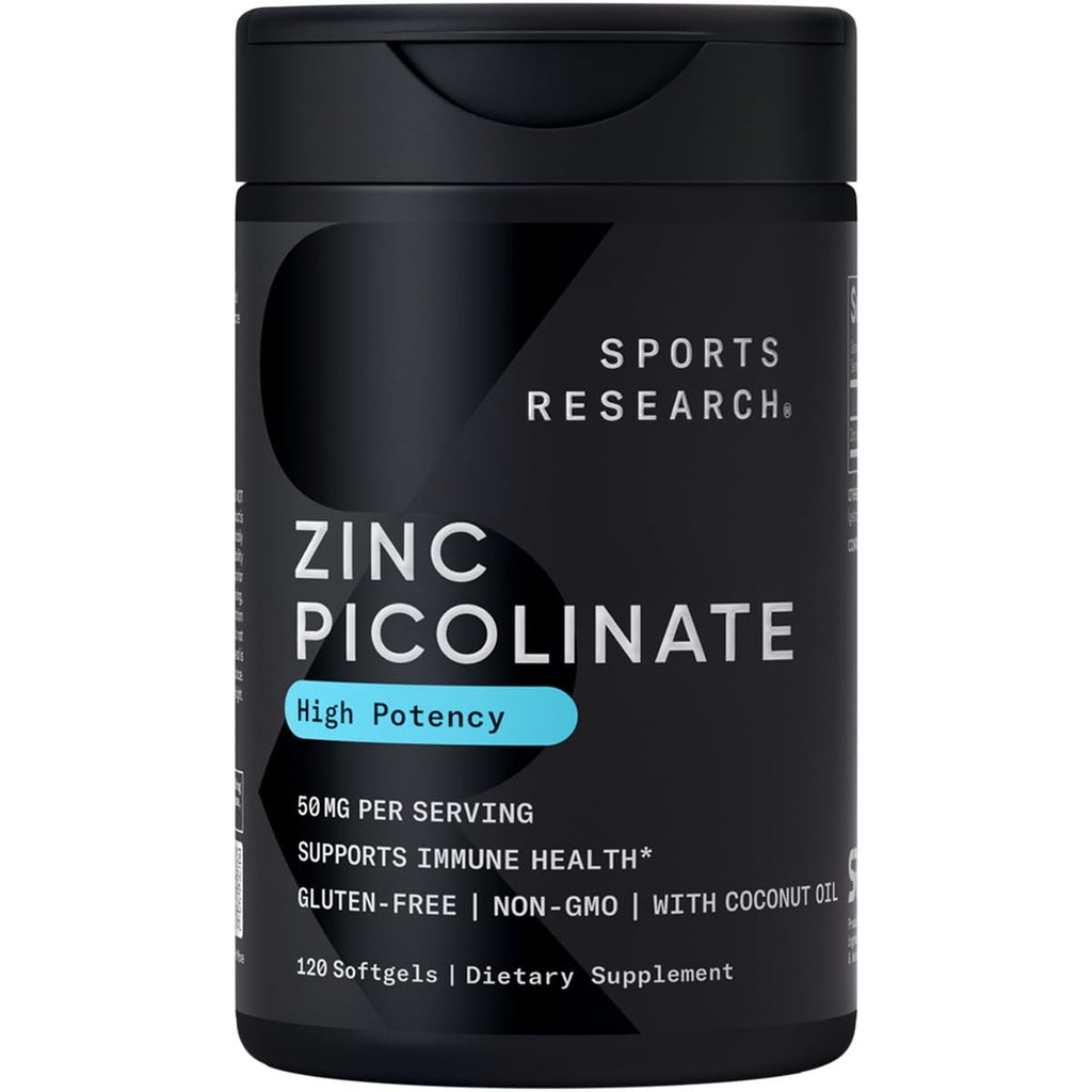 Sports Research High Potency Zinc Picolinate 50mg with Organic Coconut Oil | Highly Absorbable Zinc Supplement for Healthy Immune & Enzyme Function - Non-GMO Tested & Gluten-Free (120 Liquid Softgels) - Maple Wellness Supplements
