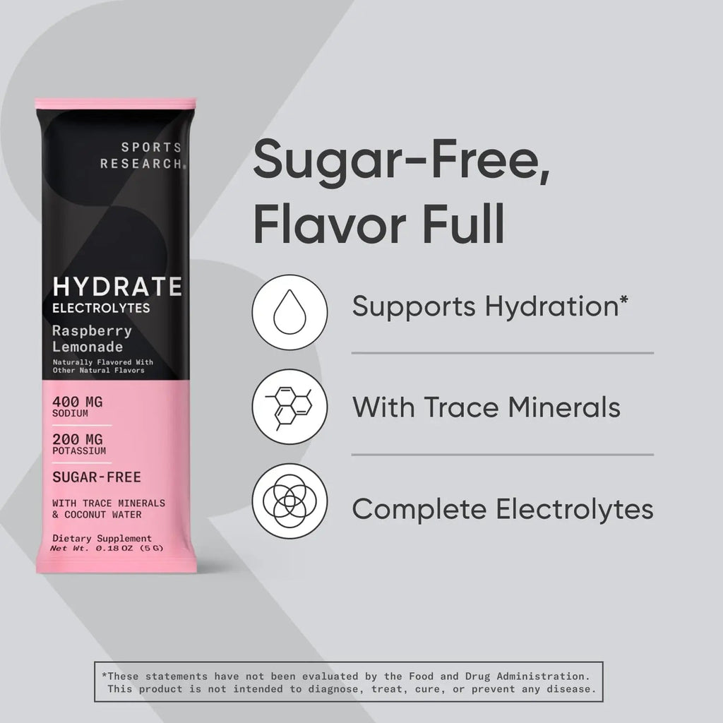 Sports Research Hydrate Electrolytes Powder Packets - Sugar-Free & Naturally Flavored - TrustMedUSA