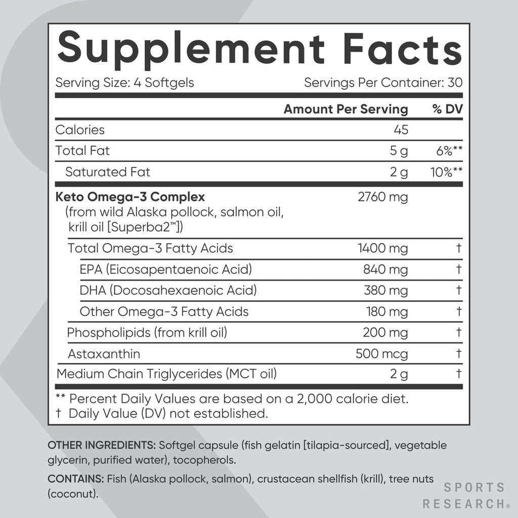 Sports Research Keto Omega Fish Oil with Wild Sockeye Salmon, Antarctic Krill Oil, Astaxanthin & Coconut MCT Oil - 1200mg of EPA & DHA per Serving | Keto Certified & Non-GMO Verified (120 Softgels) - Maple Wellness Supplements