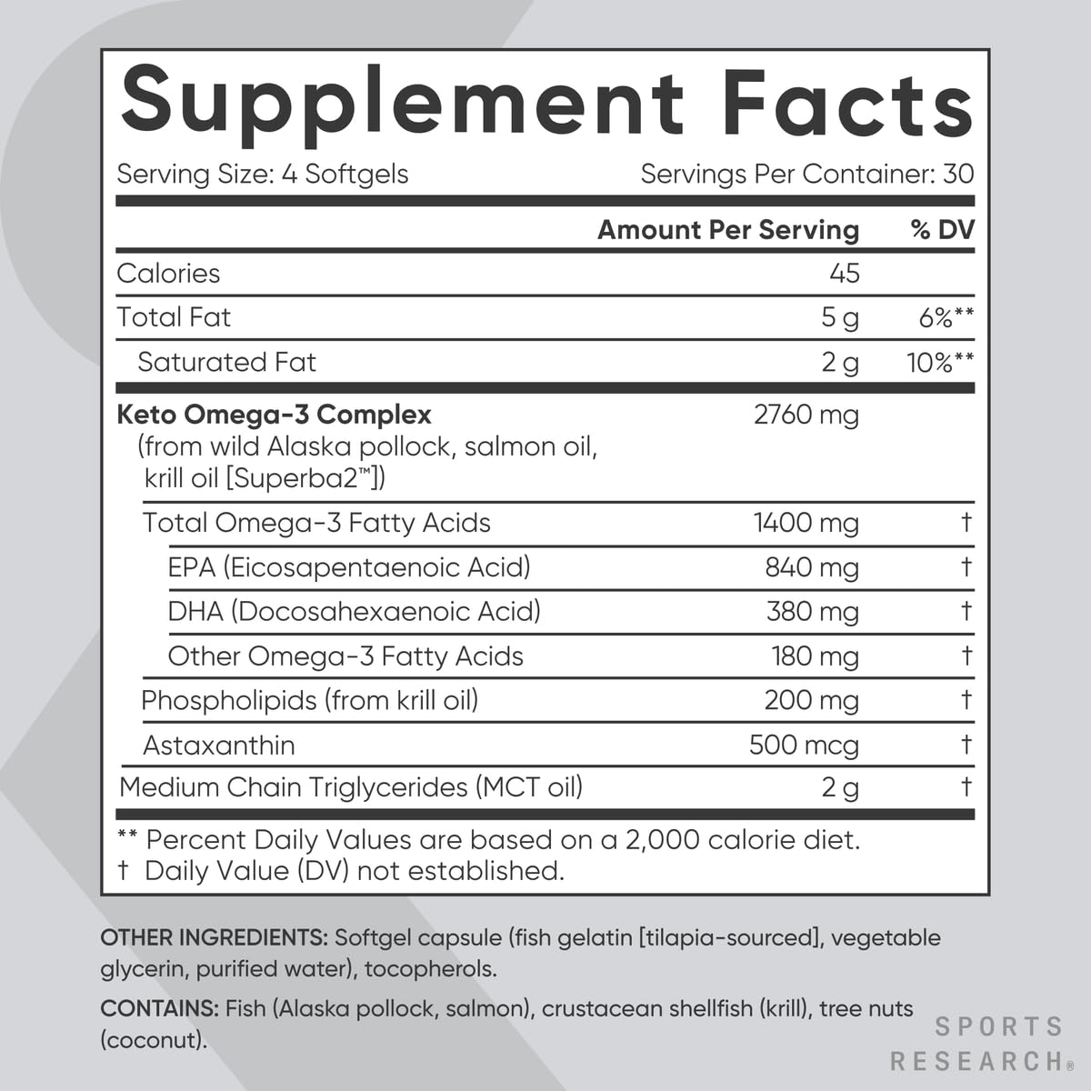 Sports Research Keto Omega Fish Oil with Wild Sockeye Salmon, Antarctic Krill Oil, Astaxanthin & Coconut MCT Oil - 1200mg of EPA & DHA per Serving | Keto Certified & Non-GMO Verified (120 Softgels) - Maple Wellness Supplements