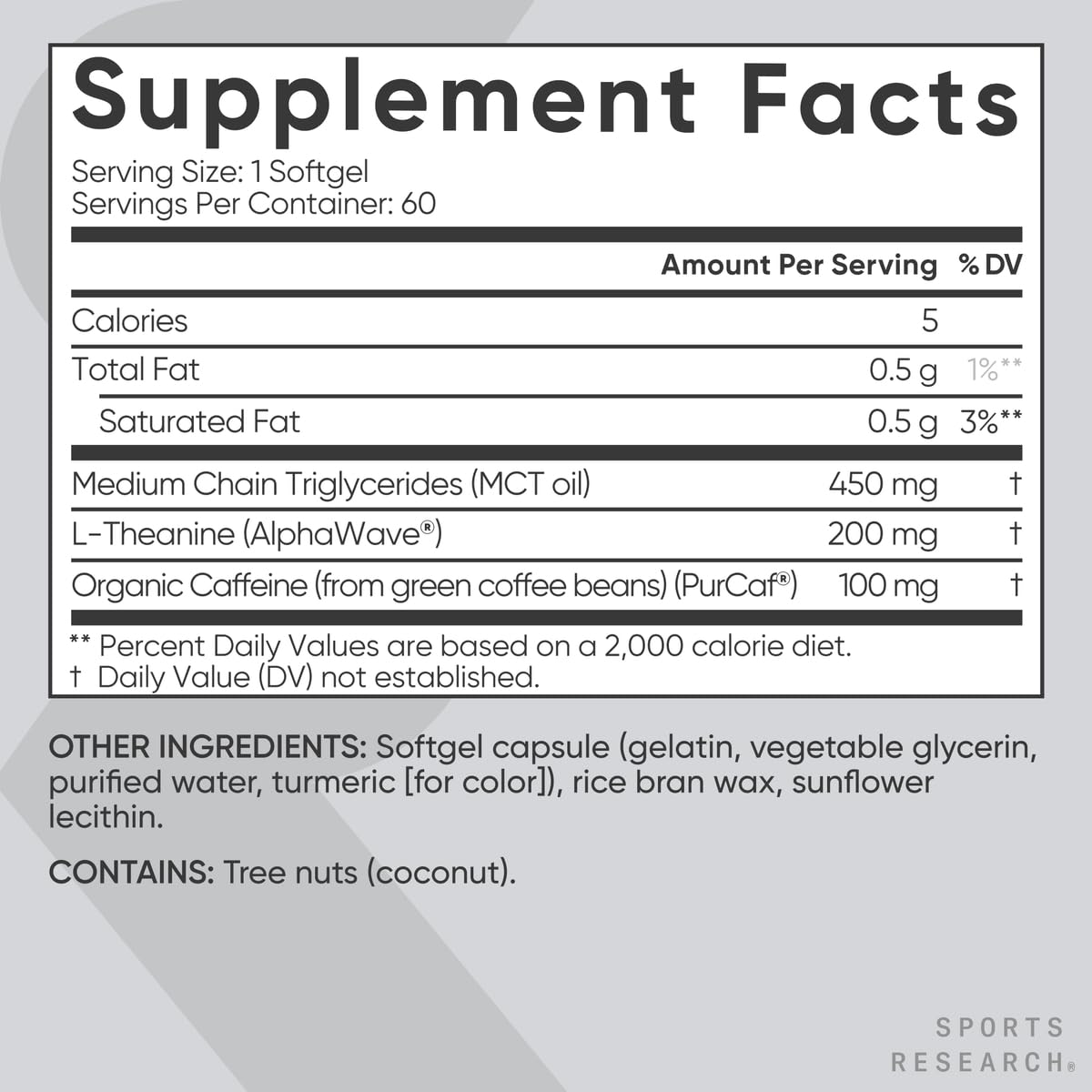 Sports Research L-Theanine Supplement with Caffeine & Coconut MCT Oil - Focused Energy, Alertness & Relaxation Without Drowsiness - 200mg L Theanine, 100mg Organic Caffeine - 60 Liquid Softgels - Maple Wellness Supplements