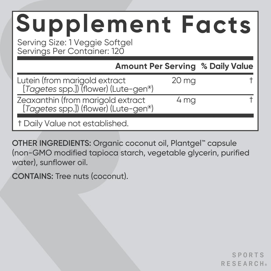 Sports Research® Lutein and Zeaxanthin Capsules - Eye Health Support Supplement Made with Lute-Gen® and Organic Coconut Oil - Vegan Friendly & Non-GMO Verified - 120 Veggie Softgels - Maple Wellness Supplements
