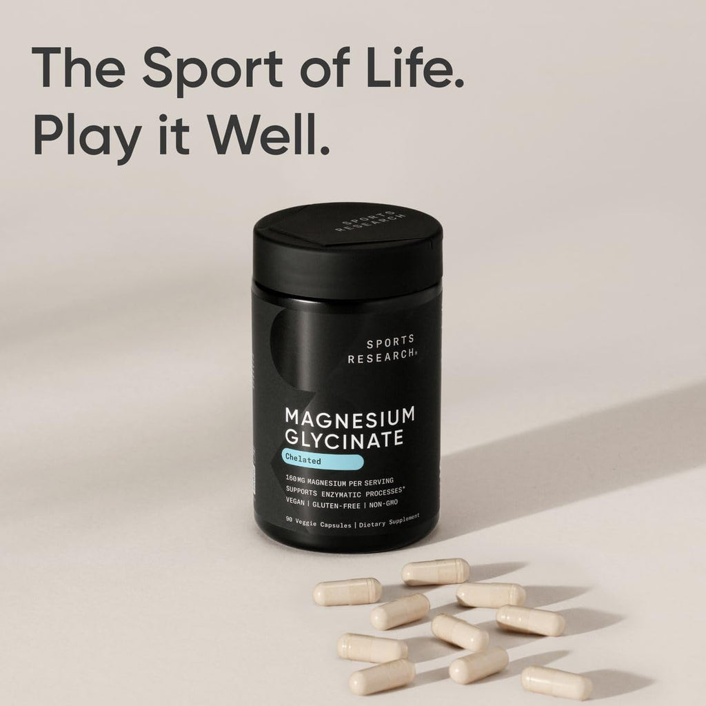 Sports Research® Magnesium Glycinate - Supports Restful Sleep & Enzymatic Processes - 160 mg Chelated Magnesium - Vegan Capsule - 90 Count - TrustMedUSA