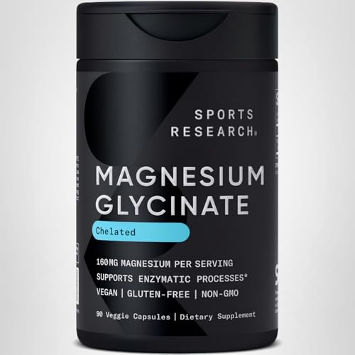 Sports Research® Magnesium Glycinate - Supports Restful Sleep & Enzymatic Processes - 160 mg Chelated Magnesium - Vegan Capsule - 90 Count - TrustMedUSA