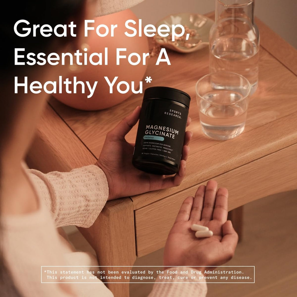 Sports Research® Magnesium Glycinate - Supports Restful Sleep & Enzymatic Processes - 160 mg Chelated Magnesium - Vegan Capsule - 90 Count - Maple Wellness Supplements
